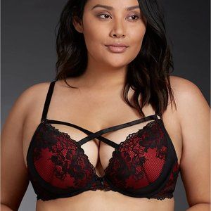 Torrid NWT 38C Fishnet Floral Lace Push Up Plunge Lace Bra Black/Red